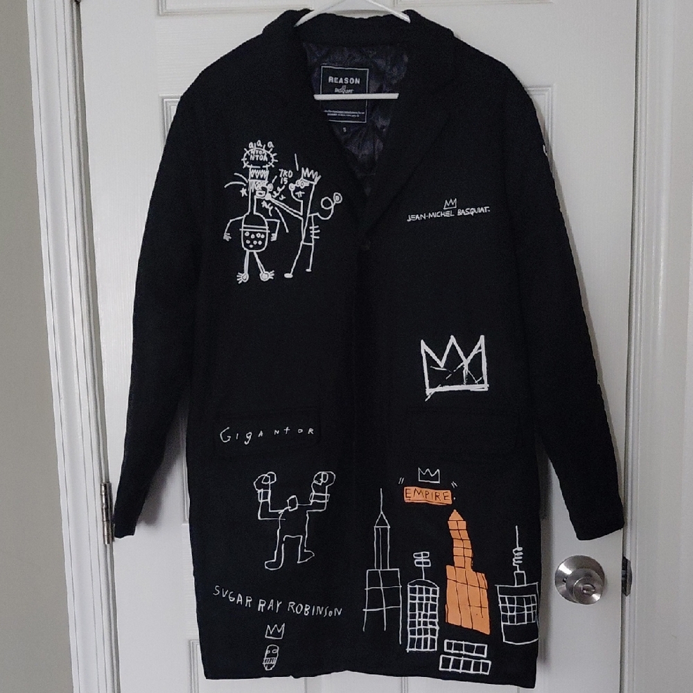 Rare Basquiat Black Wool Mid Coat With Signature And Artwork 23" Pit To Pit - Picture 1 of 16